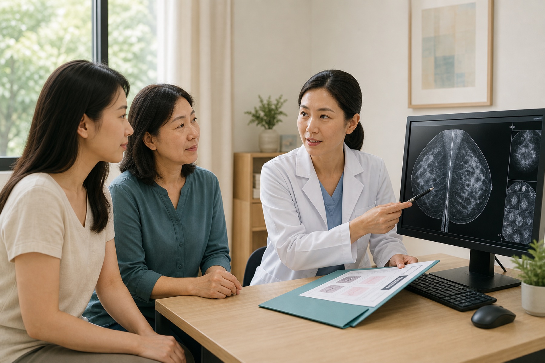 亚洲成年女性患者与一名家属在自然光诊室听医生讲解乳腺影像