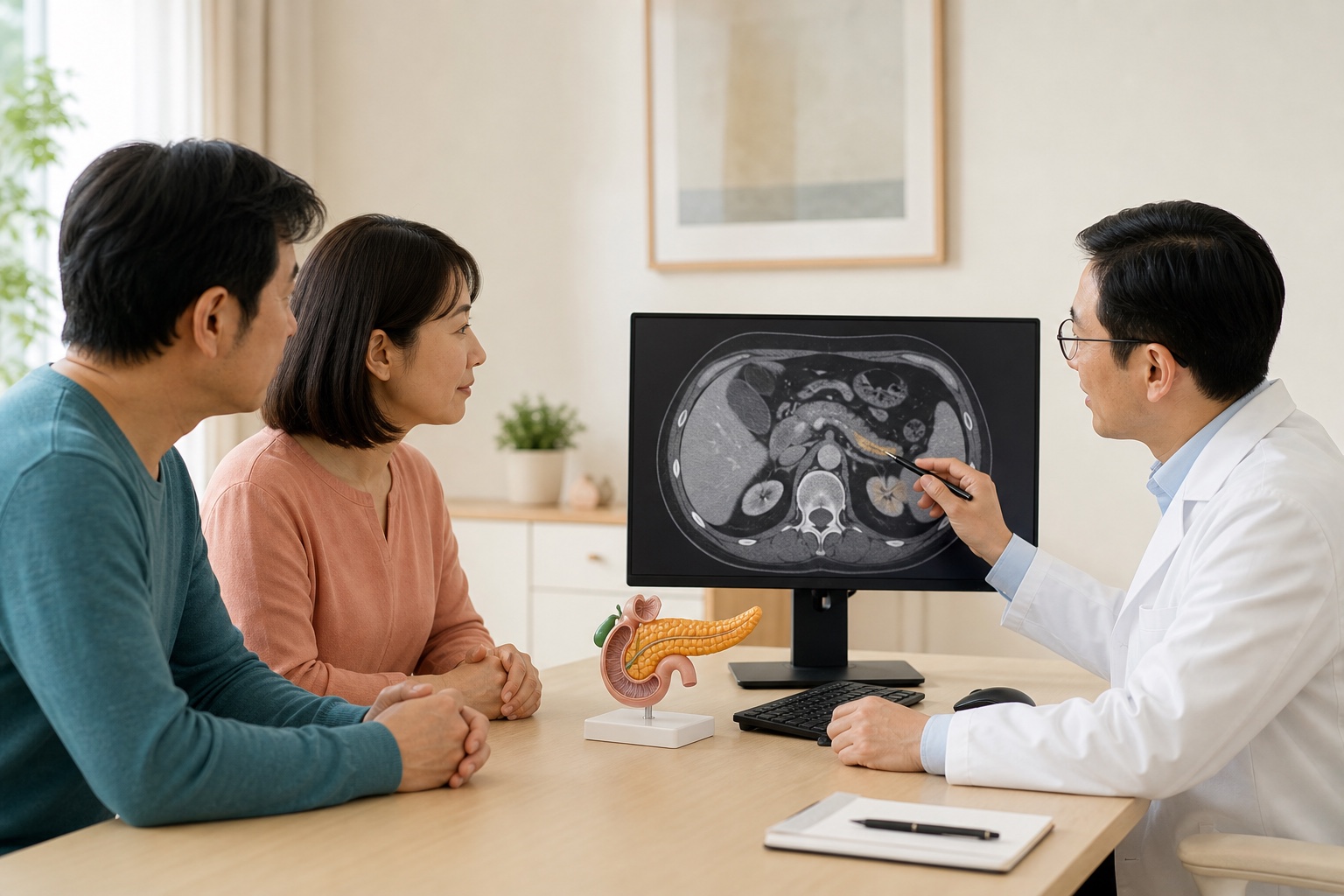 亚洲成年患者与一名家属在自然光诊室听医生讲解胰腺影像与病理报告