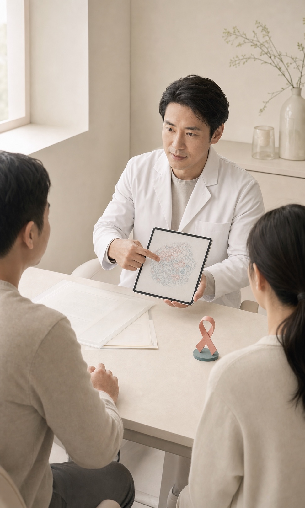 医生向患者和家属讲解医疗资料，桌面放有立体癌症标志摆件